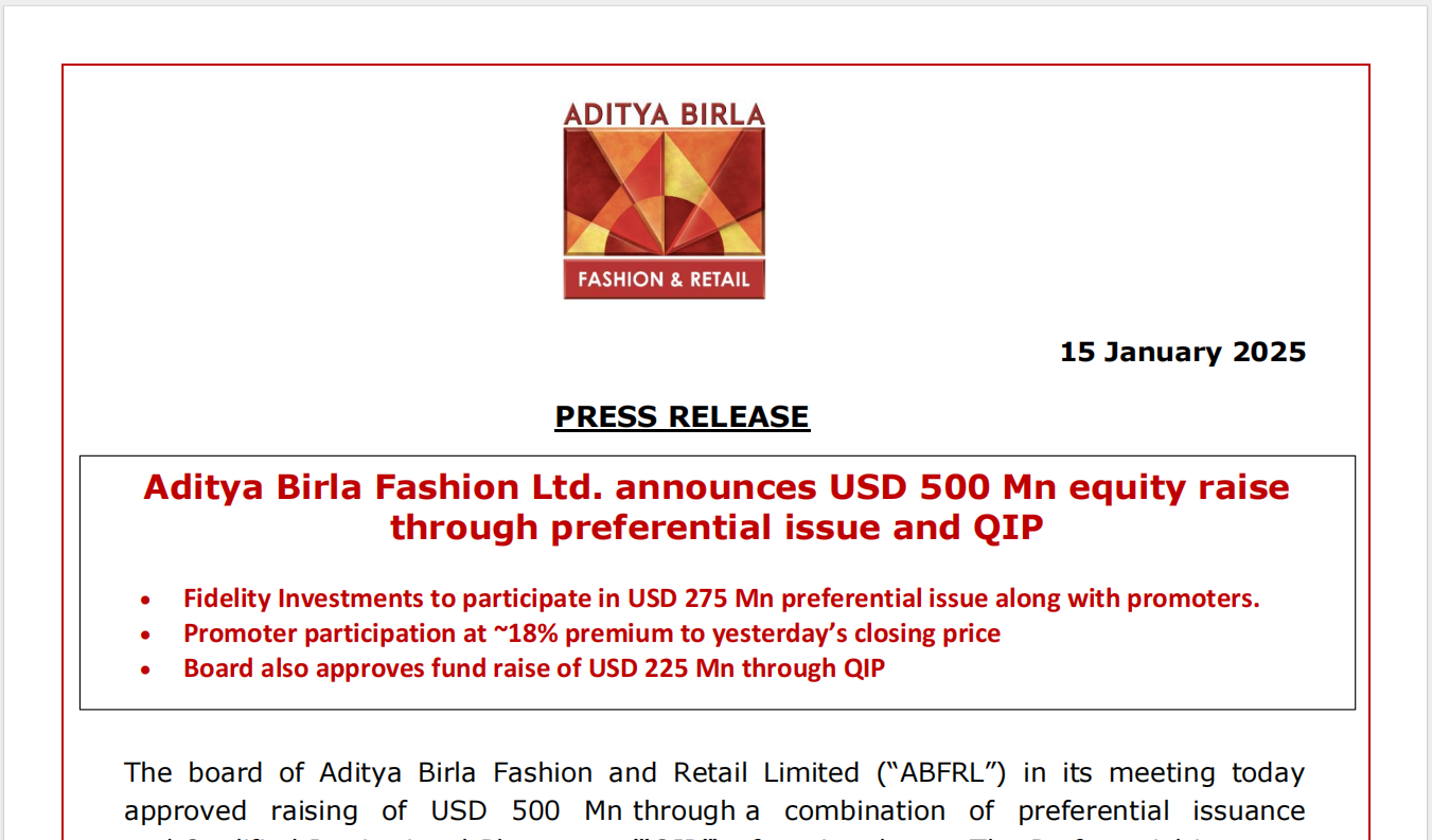 Aditya Birla Fashion Ltd. announces USD 500 Mn equity raise through preferential issue and QIP